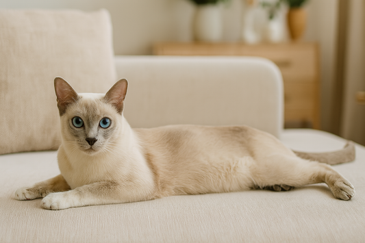 Chat Oriental Shorthair allongé sur un canapé beige dans un joli salon – avec Pacha-Streu