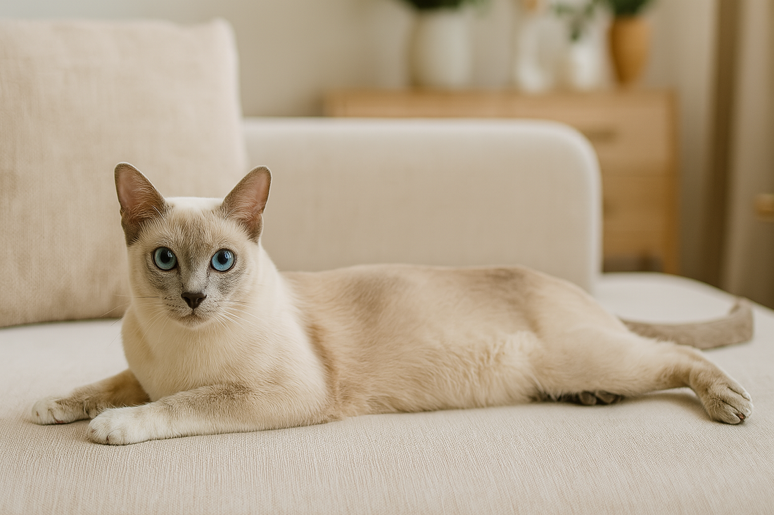 Chat Oriental Shorthair allongé sur un canapé beige dans un joli salon – avec Pacha-Streu