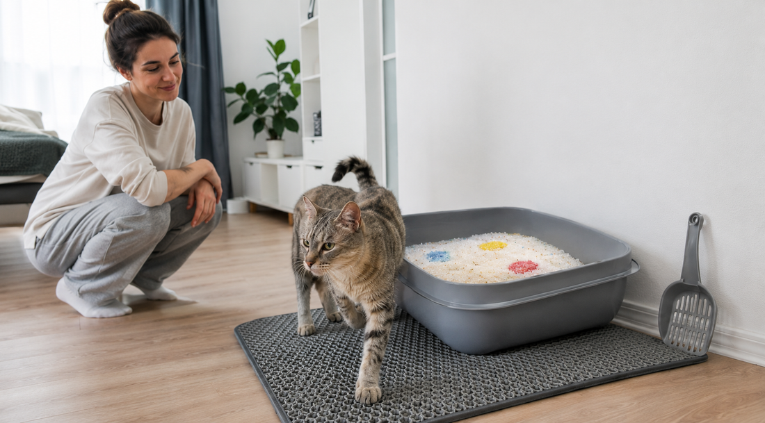 Saubere Katzentoilette mit trockener Kristallstreu und entspannter Katze im Alltagstest – Pacha-Streu