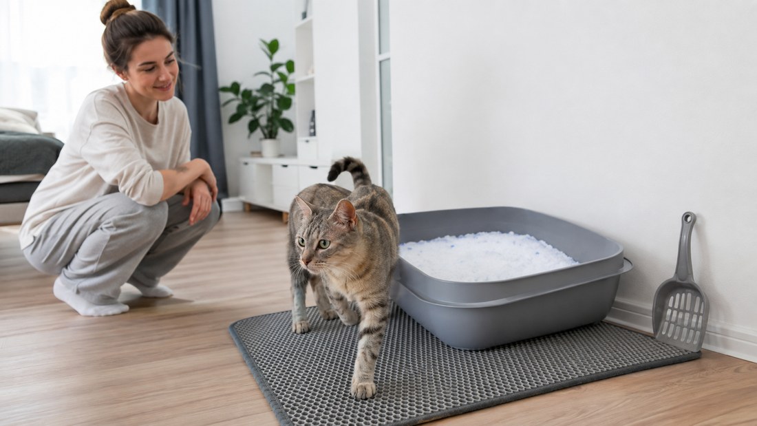 Saubere Katzentoilette mit trockener Kristallstreu und entspannter Katze im Alltagstest – Pacha-Streu