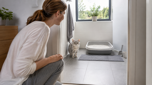 Sauberes und geruchsarmes Katzenklo im Alltag mit entspannter Katze in heller Wohnung – Pacha-Streu