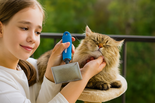 Jeune fille brossant doucement son chat sur un balcon ensoleillé – Litière Pacha (Pacha-Streu)