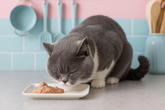 Chat British Shorthair mangeant dans une cuisine aux tons rose et bleu – Litière Pacha (Pacha-Streu)