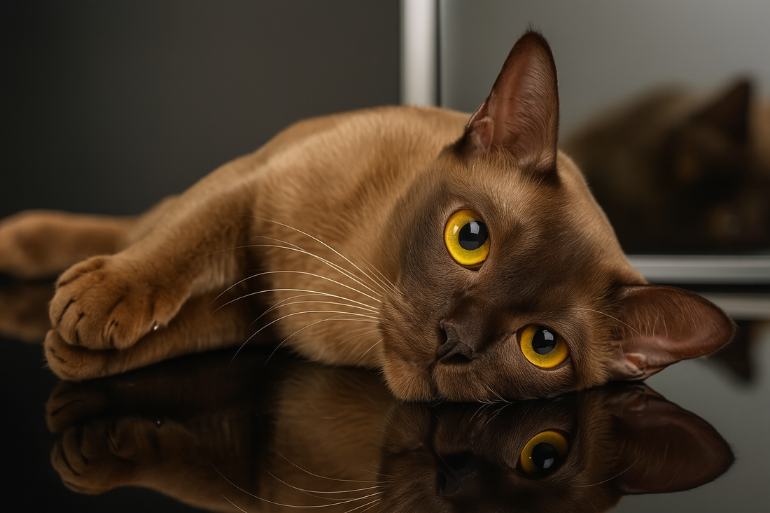 Chat burmese chocolat allongé devant un miroir avec fond noir – Litière Pacha (Pacha-Streu)