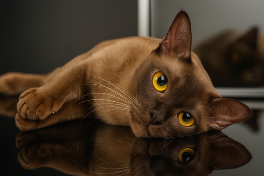 Chat burmese chocolat allongé devant un miroir avec fond noir – Litière Pacha (Pacha-Streu)