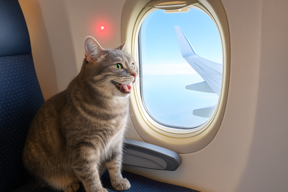 Chat souriant assis sur un siège d’avion regardant par le hublot – Litière Pacha (Pacha-Streu)