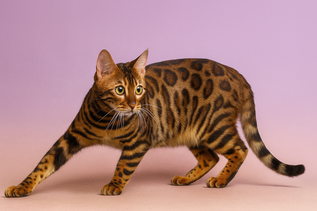 Chat Bengal élégant marchant sur un fond rose et violet – litière Pacha-Streu