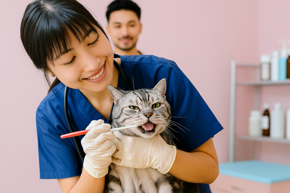 Chat gris se faisant brosser les dents par deux vétérinaires en uniforme bleu dans une clinique rose – Litière Pacha (Pacha-Streu)