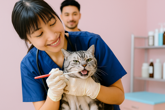 Chat gris se faisant brosser les dents par deux vétérinaires en uniforme bleu dans une clinique rose – Litière Pacha (Pacha-Streu)