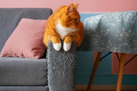 Chat roux allongé sur un canapé abîmé dans un salon rose et bleu – Litière Pacha (Pacha-Streu)