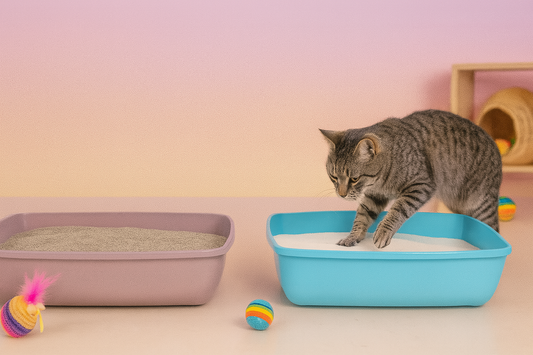 Chat rayé choisissant sa litière entre deux bacs dans un salon pastel avec jouets – litière Pacha-Streu