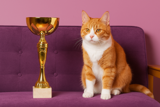 Chat assis à côté d’une coupe dorée sur un canapé violet devant un mur fleuri rose – Litière Pacha (Pacha-Streu)