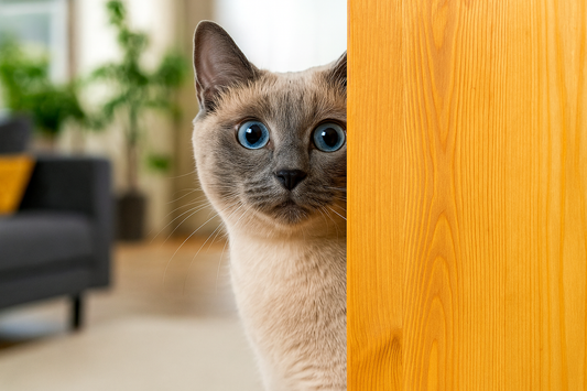 Chat curieux aux yeux bleus observant depuis une porte dans un salon – Litière Pacha (Pacha-Streu)