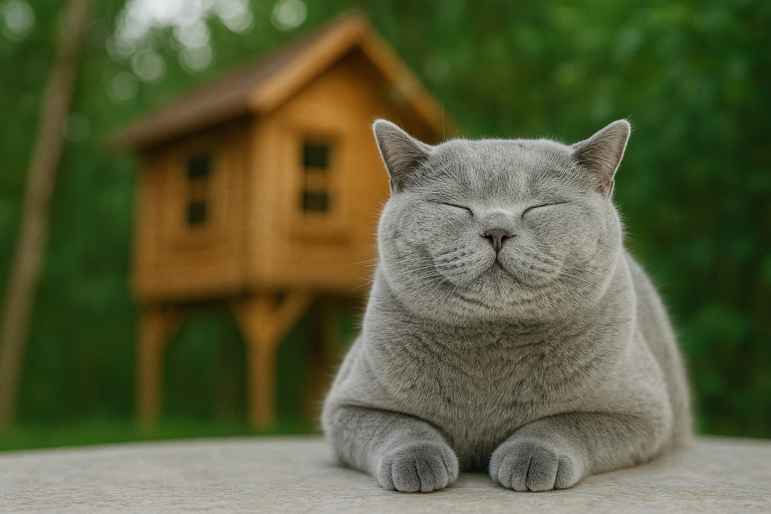 Chat gris heureux allongé devant une cabane dans les arbres – litière Pacha-Streu