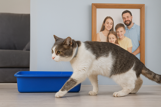 Chat marchant devant une litière bleue dans un salon avec un portrait de famille au mur – Litière Pacha (Pacha-Streu)