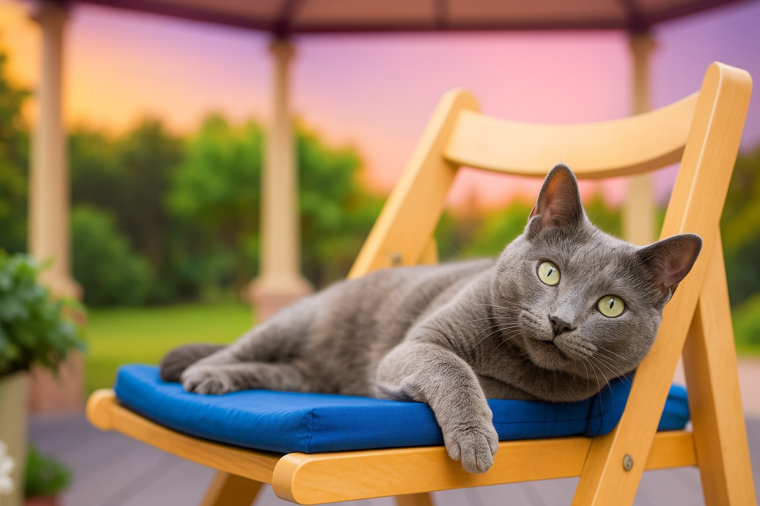 Chat Russian Blue allongé sur une chaise dans un jardin sous une tonnelle – litière Pacha-Streu