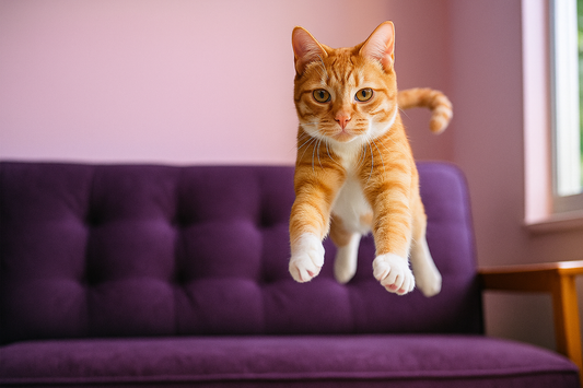 Chat en plein saut devant un canapé violet dans un salon rose – Litière Pacha (Pacha-Streu)