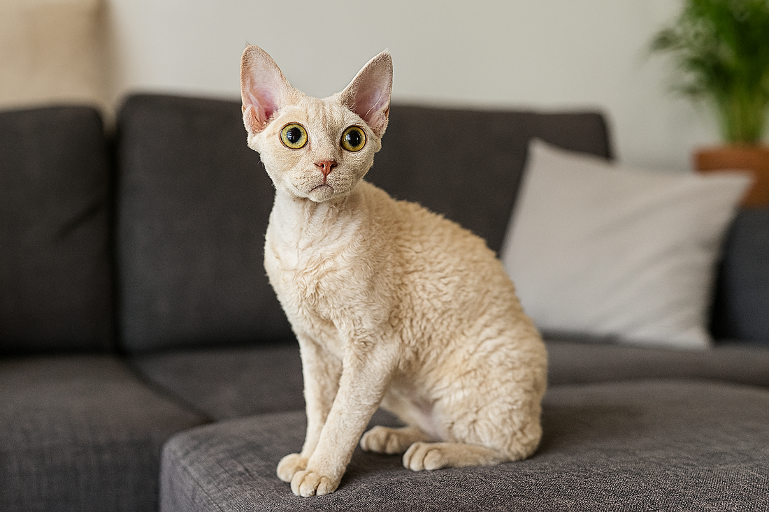 Chat Devon Rex assis sur un canapé dans un salon lumineux – Litière Pacha (Pacha-Streu)
