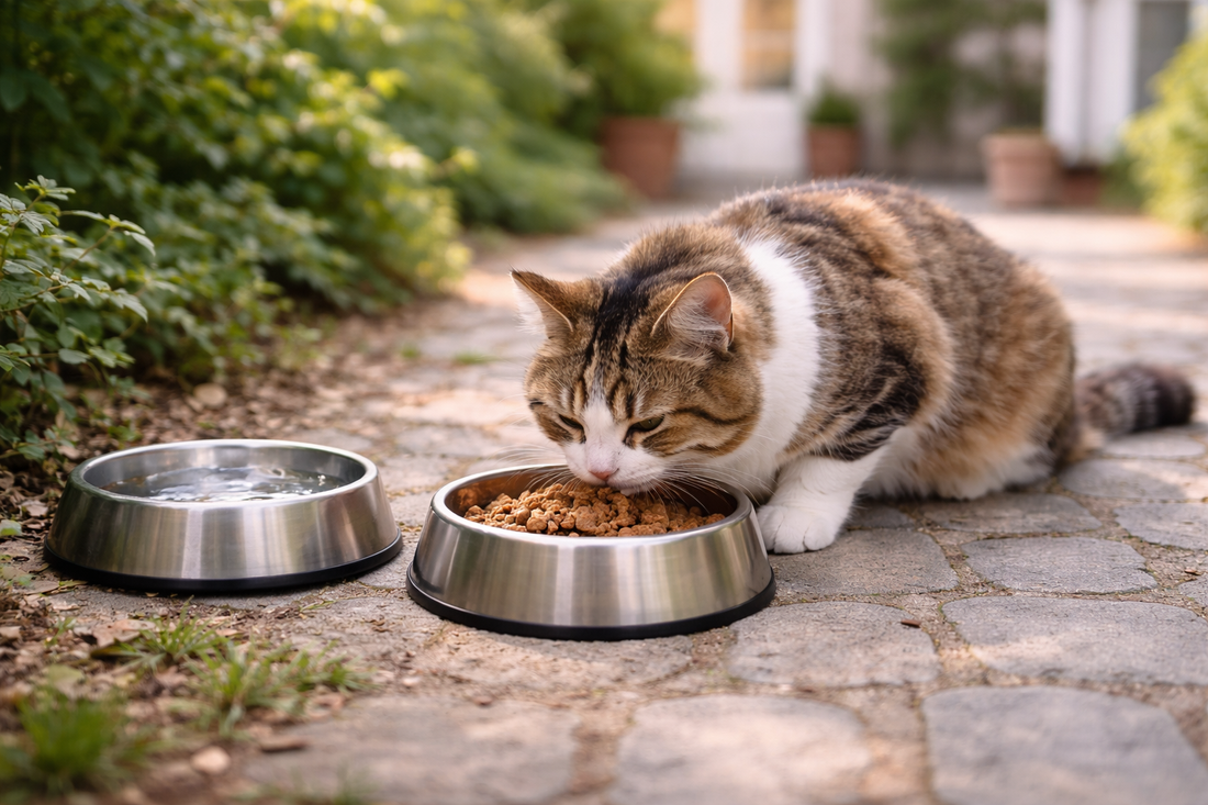 Pacha-Streu: Gemeinschaftskatze wird ruhig mit Futter und frischem Wasser in geschützter Umgebung versorgt