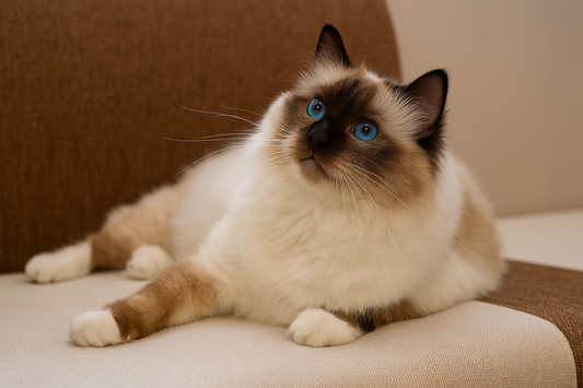 Chat sacré de Birmanie allongé sur un canapé marron et blanc – Litière Pacha (Pacha-Streu)