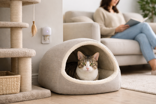 Pacha-Streu: Stressreduktion bei Katzen mit Safe Spot und Pheromon-Diffuser in ruhiger Wohnumgebung
