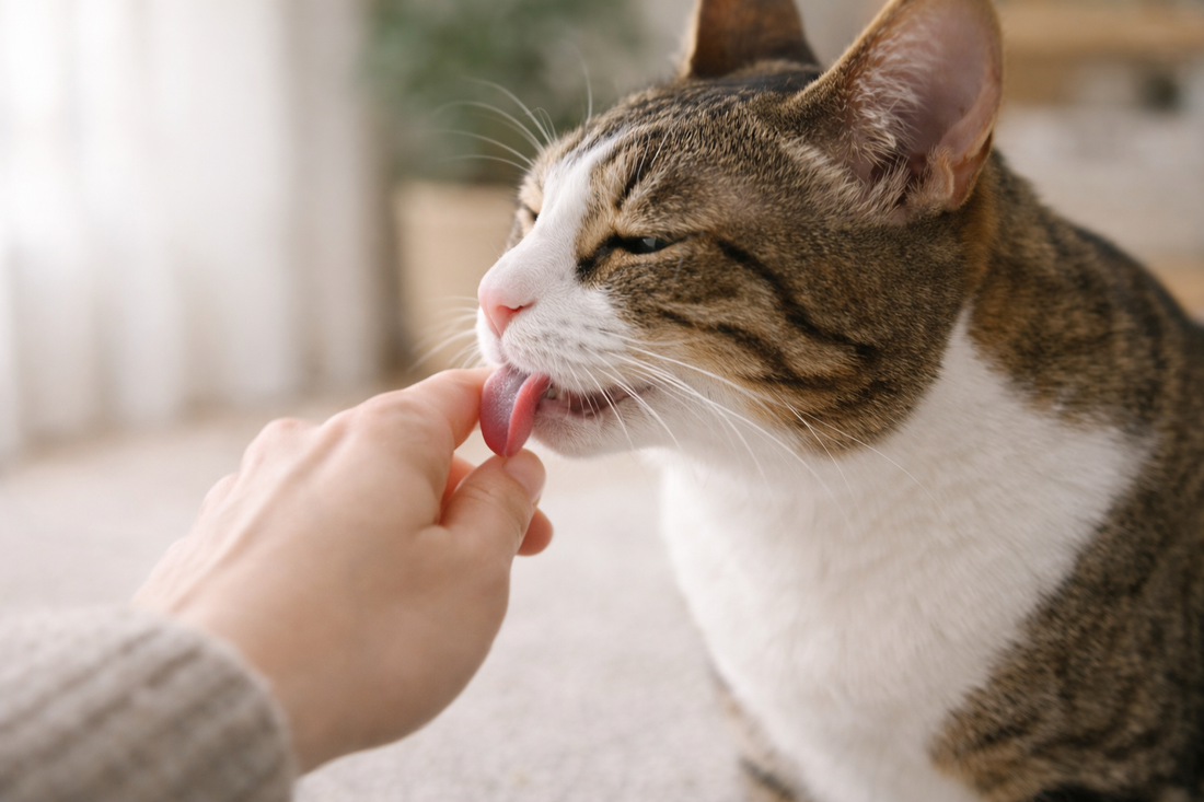 Pacha-Streu: Katze gibt einen Katzenkuss und leckt die Hand – raue Katzenzunge wie Sandpapier im Detail