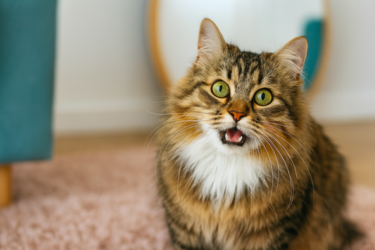 Chat à poils longs aux yeux verts sur un tapis rose devant un miroir – Litière Pacha (Pacha-Streu)