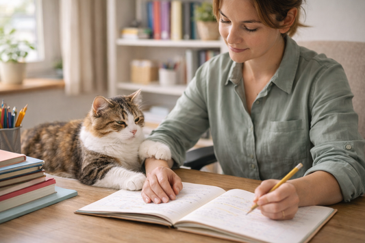 Pacha-Streu: Katzenliebende Lehrerin entspannt mit Katze – Lernen, Empathie und Ausgleich im Alltag