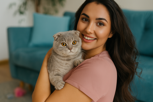 Jeune femme en robe rose tenant un chat sur un canapé bleu avec jouets – Litière Pacha (Pacha-Streu)