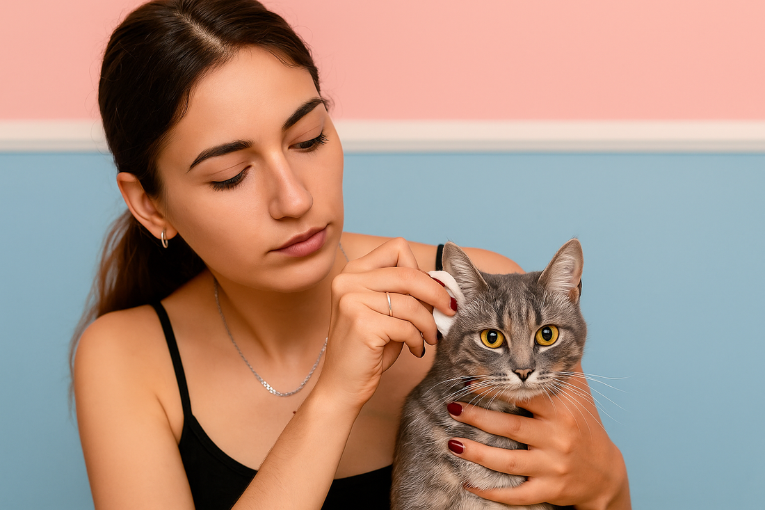 Femme nettoyant les oreilles de son chat gris sur fond rose et bleu – Litière Pacha (Pacha-Streu)