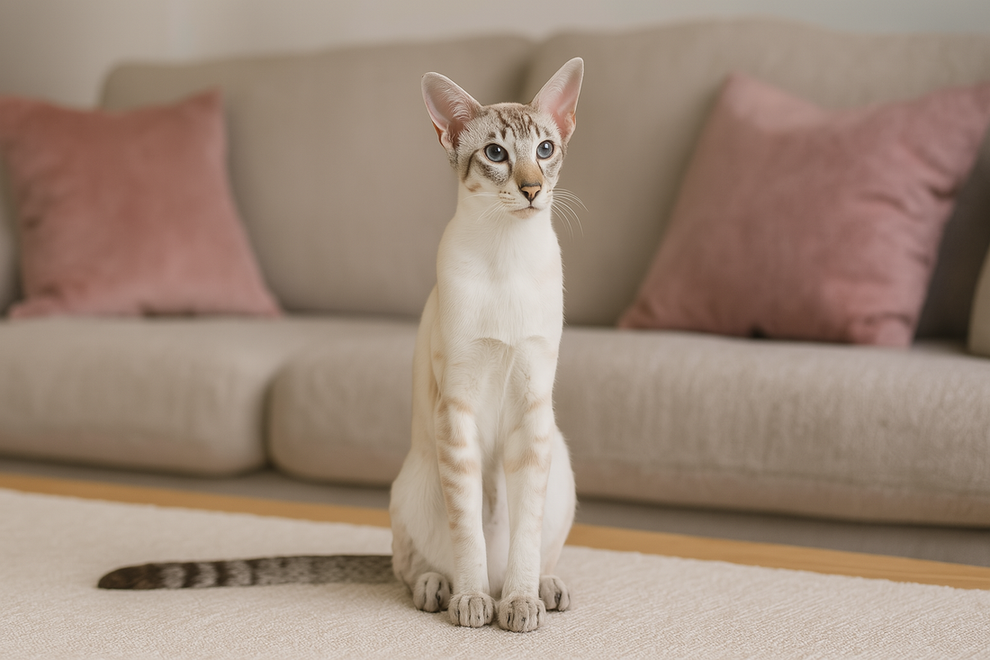 Chat Oriental Shorthair assis devant un canapé beige avec coussins roses – Litière Pacha (Pacha-Streu)     Ask ChatGPT