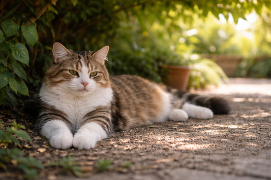 Pacha-Streu: Outdoor-Katze liegt im schattigen Garten – Schutz vor Sommerhitze und Überhitzung