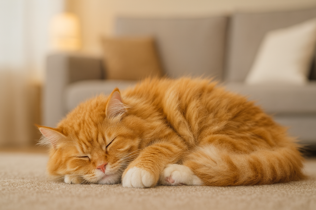 Chat Persan traditionnel roux dormant sur un tapis dans un salon avec canapé en arrière-plan – avec Pacha-Streu