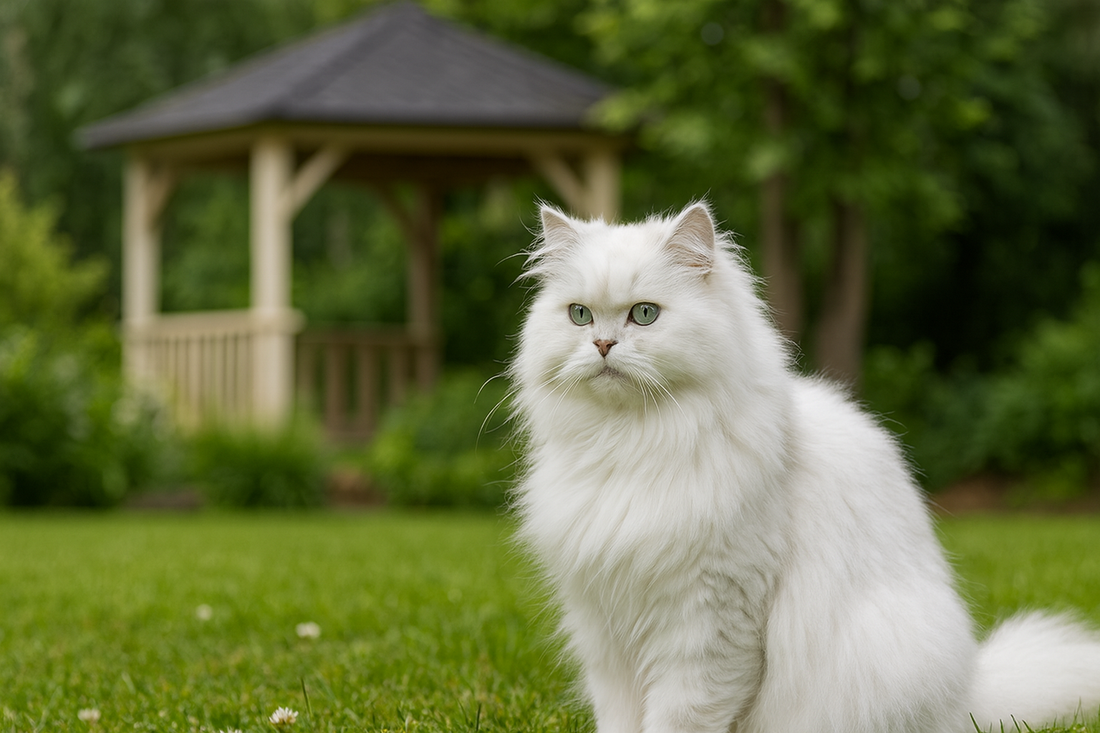 Chat Persan traditionnel blanc assis dans un jardin avec un pavillon en arrière-plan – avec Pacha-Streu