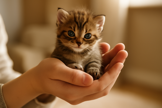 Pflegekätzchen wird liebevoll in den Händen gehalten – Geborgenheit und Vertrauen beim Katzenfoster mit Pacha-Streu