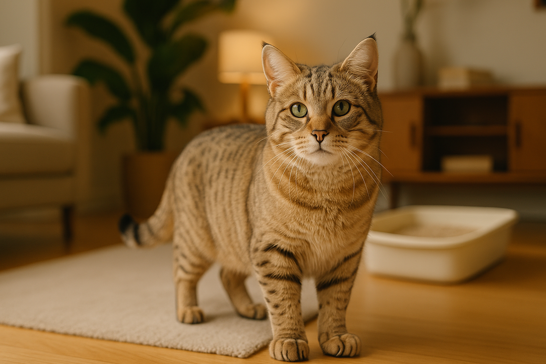 Pixie-Bob Katze mit wildkatzenähnlichem Aussehen und muskulösem Körper – einzigartige Rasse im sauberen Zuhause mit Pacha-Streu