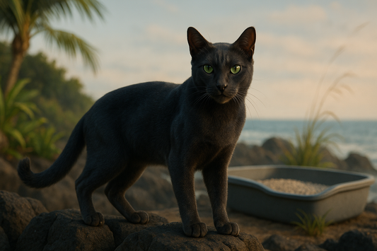 Raas-Katze mit grünem Blick in indonesischer Natur, elegante Haltung und blauschwarzem Fell – Pacha-Streu