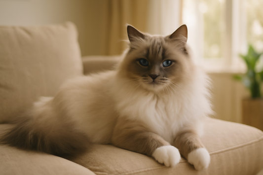 Ragamuffin Katze mit flauschigem Fell auf dem Sofa – entspannte Katze, die den Komfort ihres Zuhauses genießt, mit Pacha-Streu.