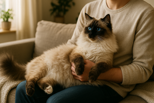 Ragdoll Katze entspannt im Arm ihres Halters – sanfter Riese voller Vertrauen mit Pacha-Streu