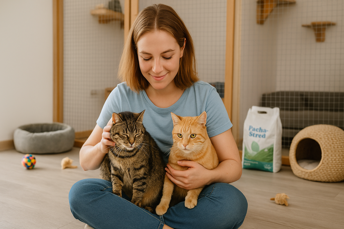 Jeune femme dans un refuge animalier câlinant deux chats sur ses genoux, entourée de paniers et jouets pour chats – avec Pacha-Streu
