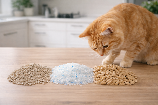 Rohstoffe für Katzenstreu im Vergleich – Bentonit, Silikat und pflanzliche Pellets neben einer Katze mit Pacha-Streu