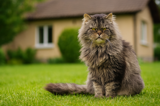 Alte Langhaarkatze sitzt im Garten vor einem Haus – majestätischer Moment mit Pacha-Streu