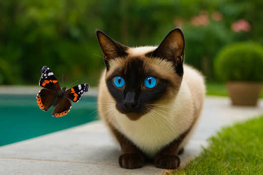 Chat Siamois classique avec des yeux bleus fixant un papillon près d’une piscine dans un jardin – avec Pacha-Streu