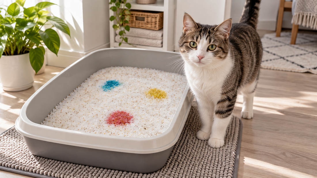 Sauberes Katzenklo mit trockener Silikatgel Katzenstreu in frischer Wohnumgebung – Pacha-Streu