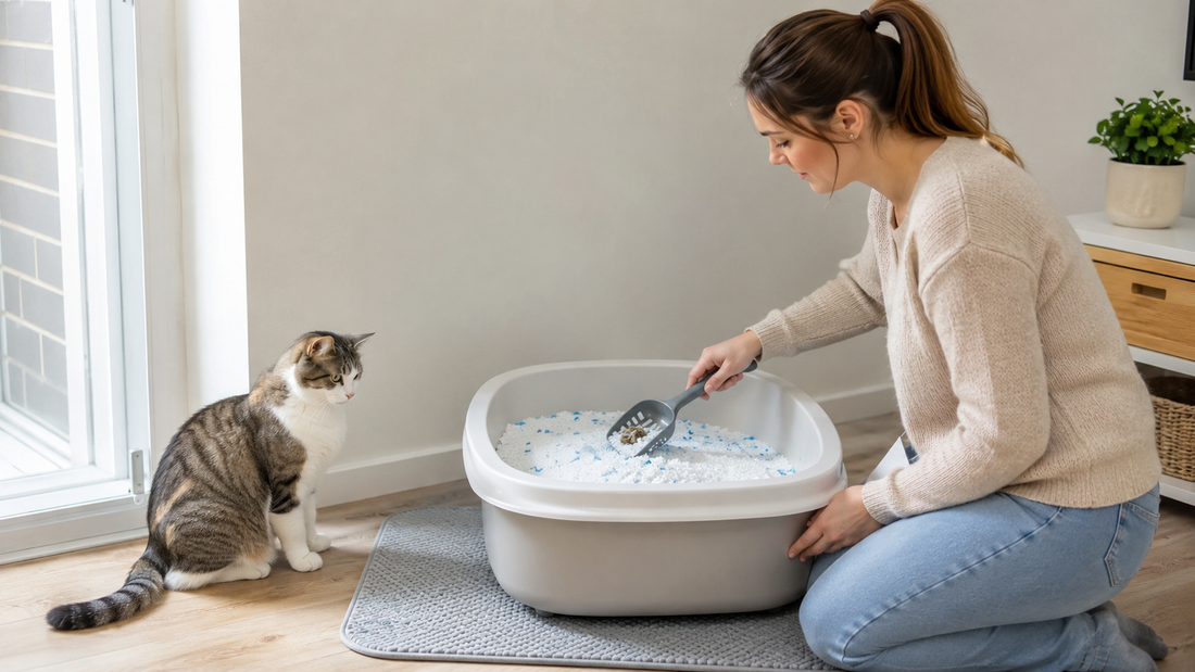 Katze beobachtet die schnelle tägliche Pflege der Katzentoilette mit Silikatstreu – Pacha-Streu
