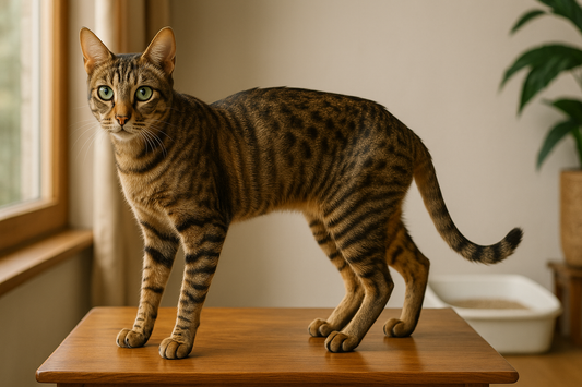 Exotische Sokoke-Katze mit charakteristischem Tabby-Fell und athletischem Körperbau vor einem Fenster – Pacha-Streu.