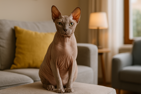 Chat Sphynx assis fièrement sur un canapé dans un salon chaleureux avec une lumière intérieure douce – avec Pacha-Streu