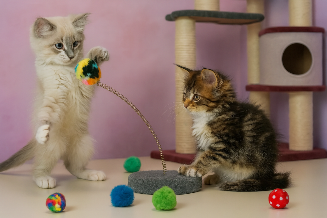 Deux chatons jouent ensemble avec des jouets colorés devant un arbre à chat — Litière Pacha (Pacha-Streu)