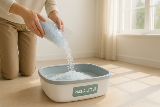 Katzenhalter füllt staubarmes Katzenstreu in modernes Katzenklo – saubere Luft und Hygiene mit Pacha-Streu