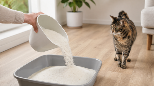 Staubarme Katzenstreu wird sauber in das Katzenklo eingefüllt, während eine Katze ruhig daneben steht – Pacha-Streu
